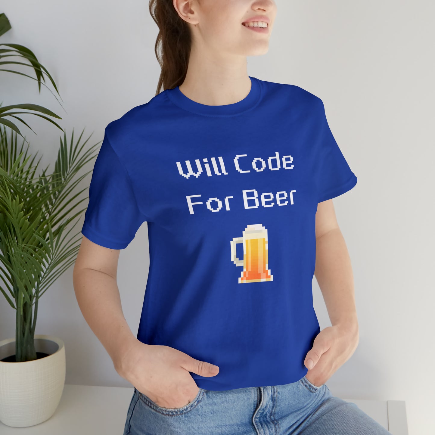 Will Code For Beer - 8-Bit Font With Beer Icon | T-Shirt