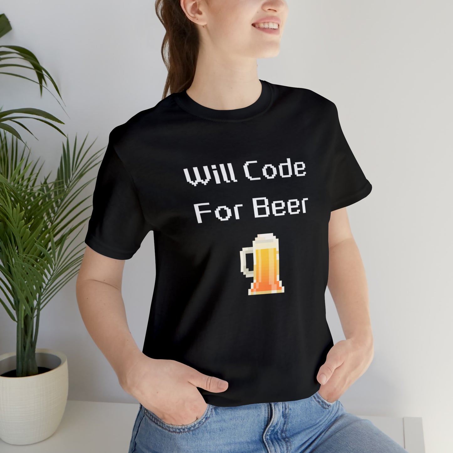 Will Code For Beer - 8-Bit Font With Beer Icon | T-Shirt