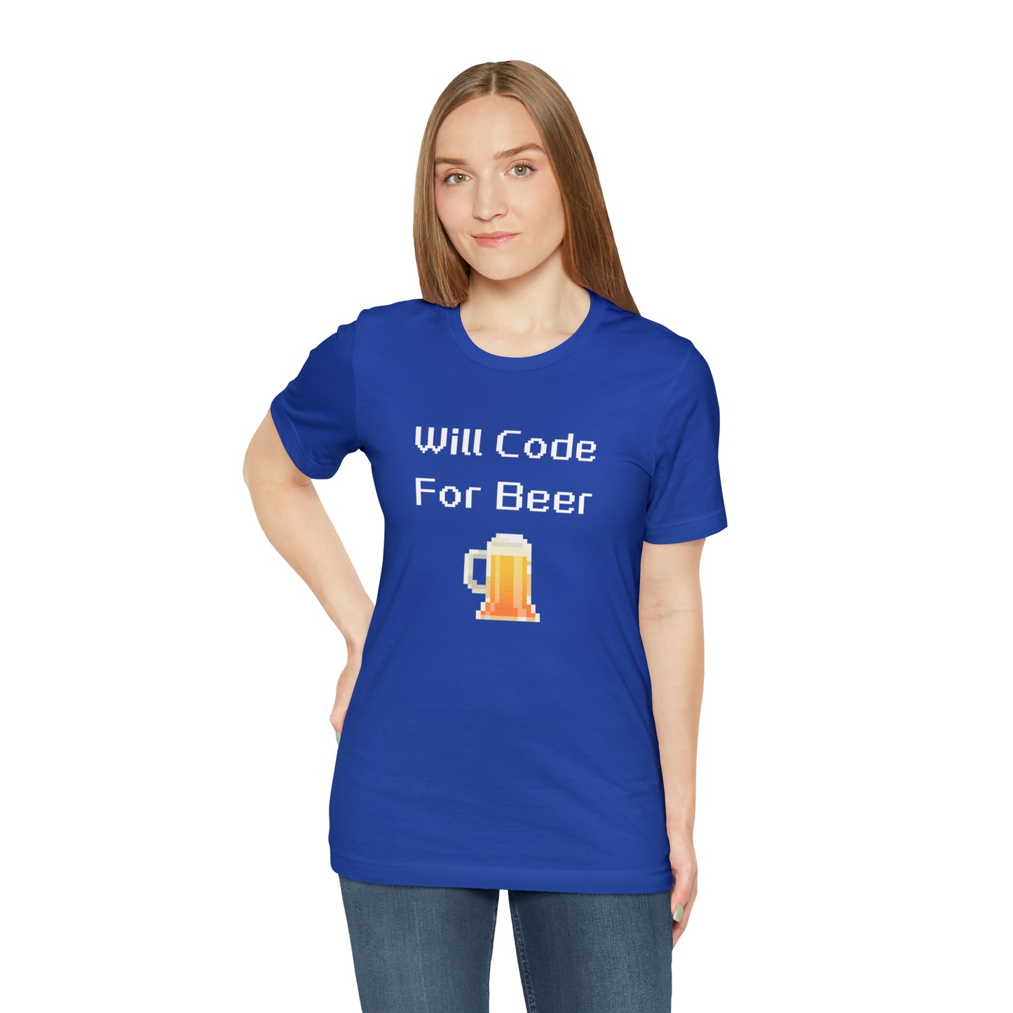 Will Code For Beer - 8-Bit Font With Beer Icon | T-Shirt