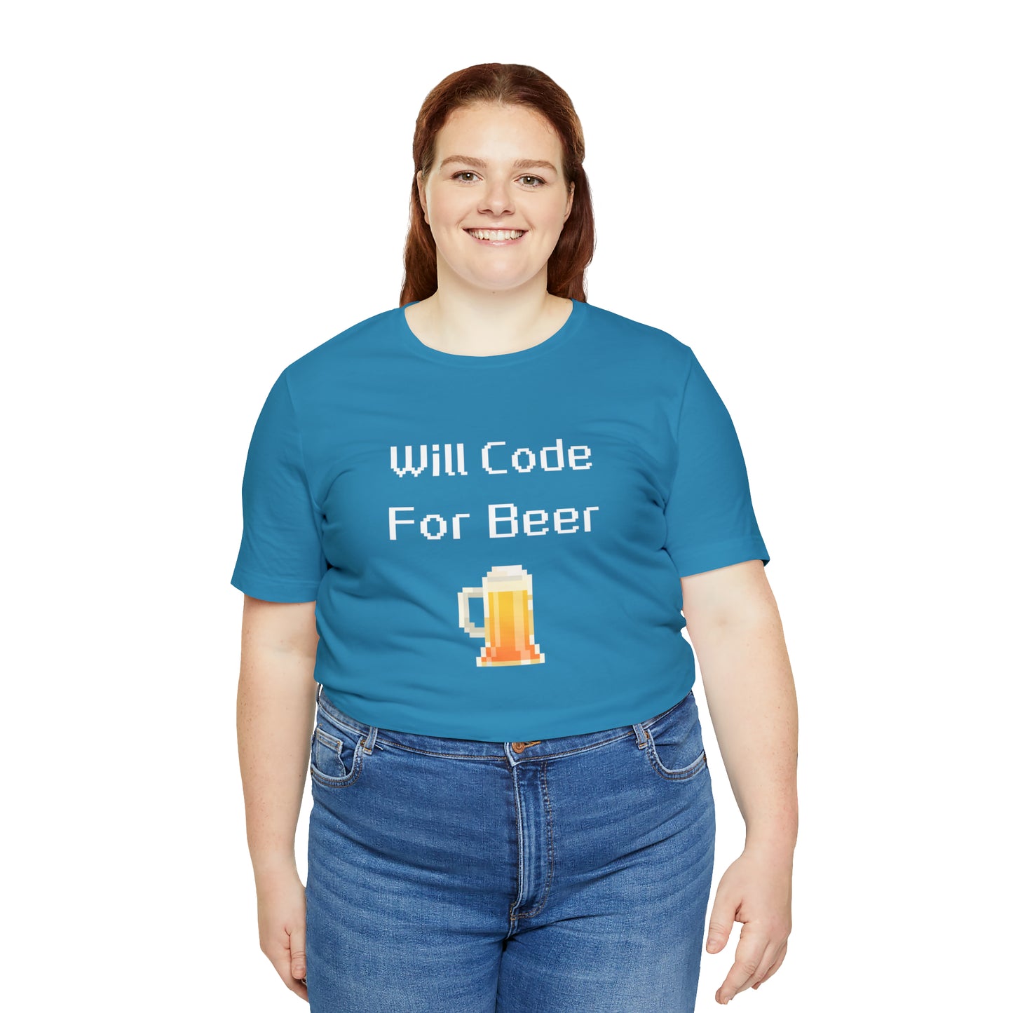 Will Code For Beer - 8-Bit Font With Beer Icon | T-Shirt