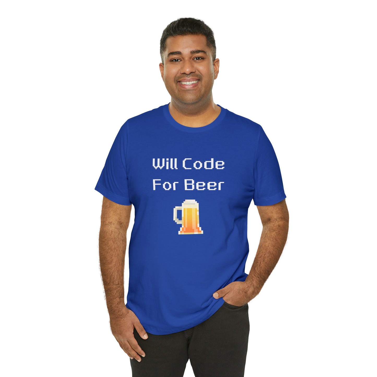 Will Code For Beer - 8-Bit Font With Beer Icon | T-Shirt