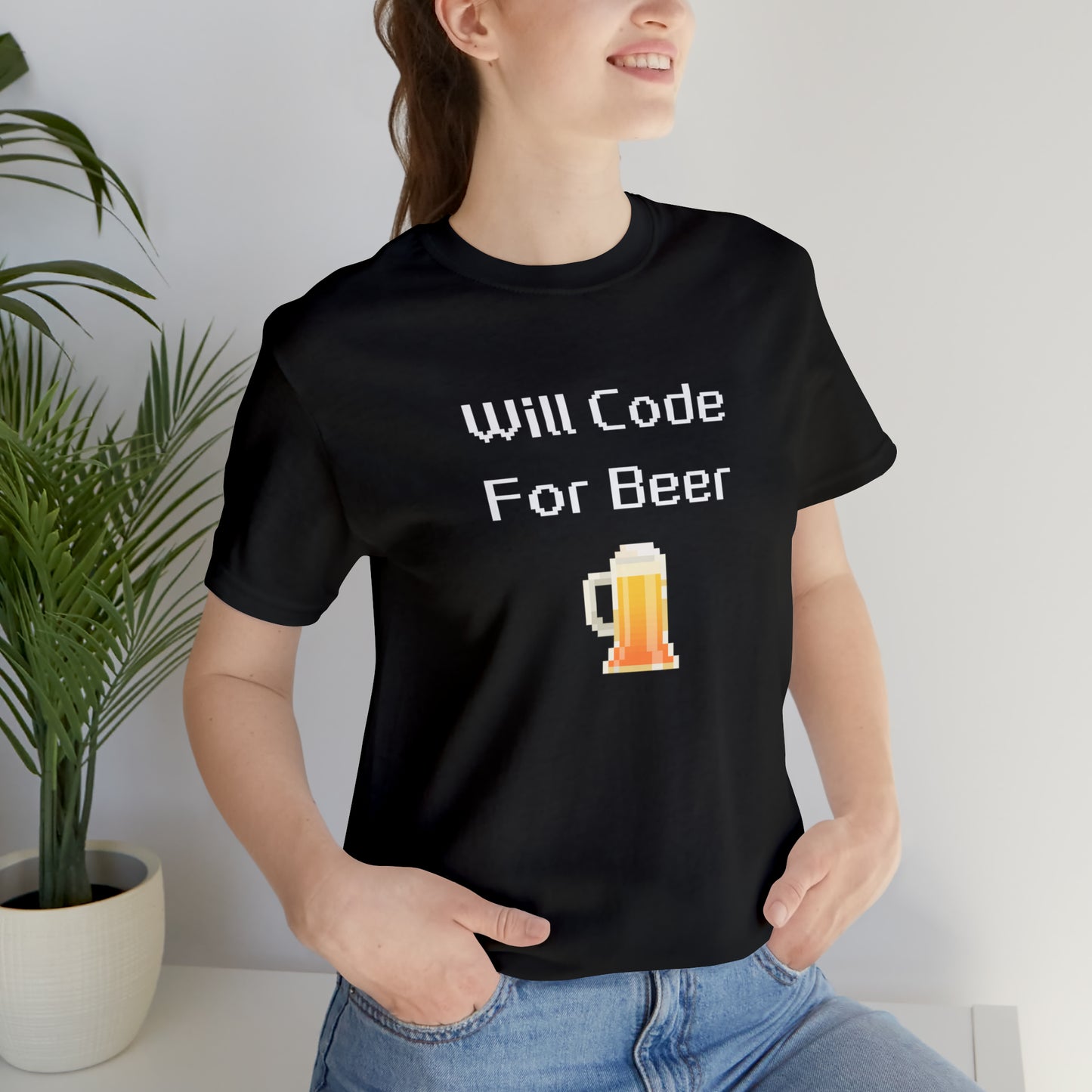 Will Code For Beer T-shirt With 8-bit Beer Graphic - variation 1