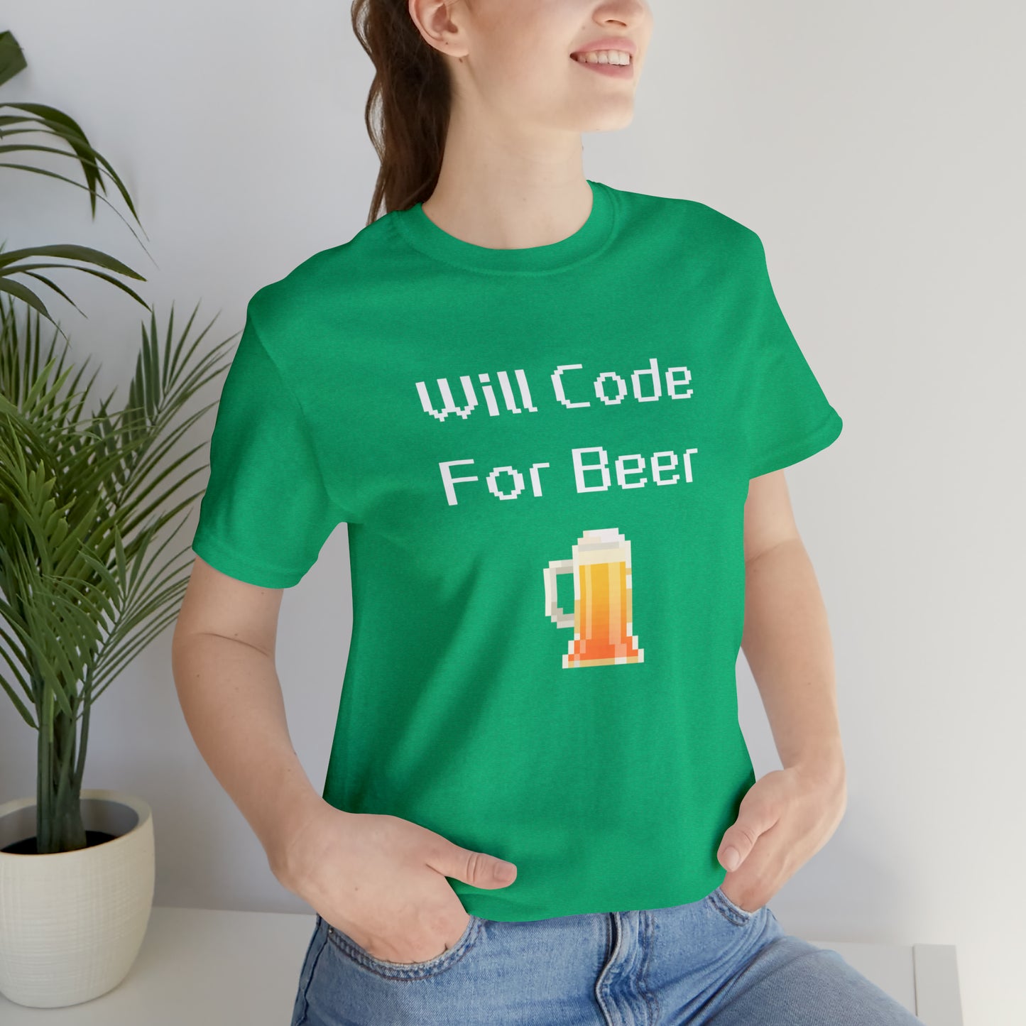 Will Code For Beer - 8-Bit Font With Beer Icon | T-Shirt