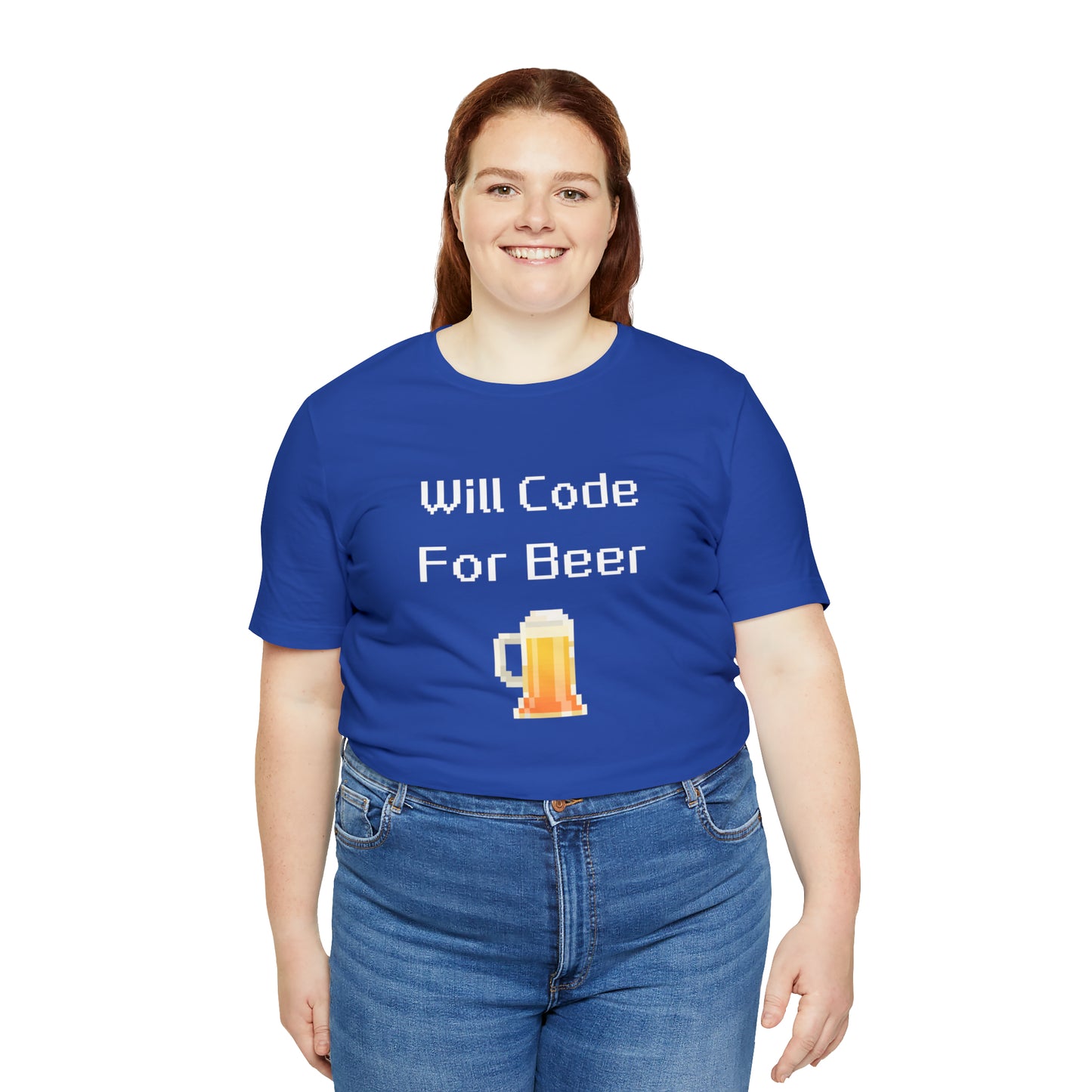 Will Code For Beer - 8-Bit Font With Beer Icon | T-Shirt