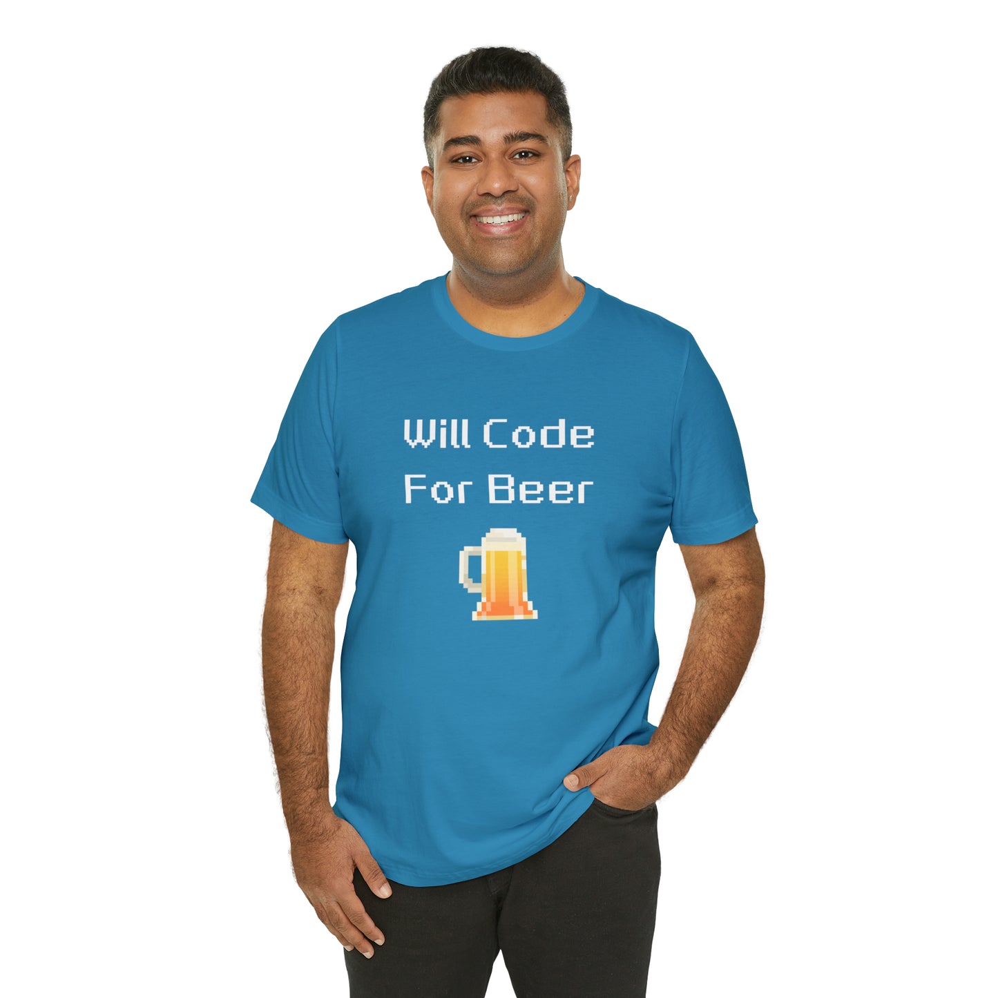 Will Code For Beer - 8-Bit Font With Beer Icon | T-Shirt