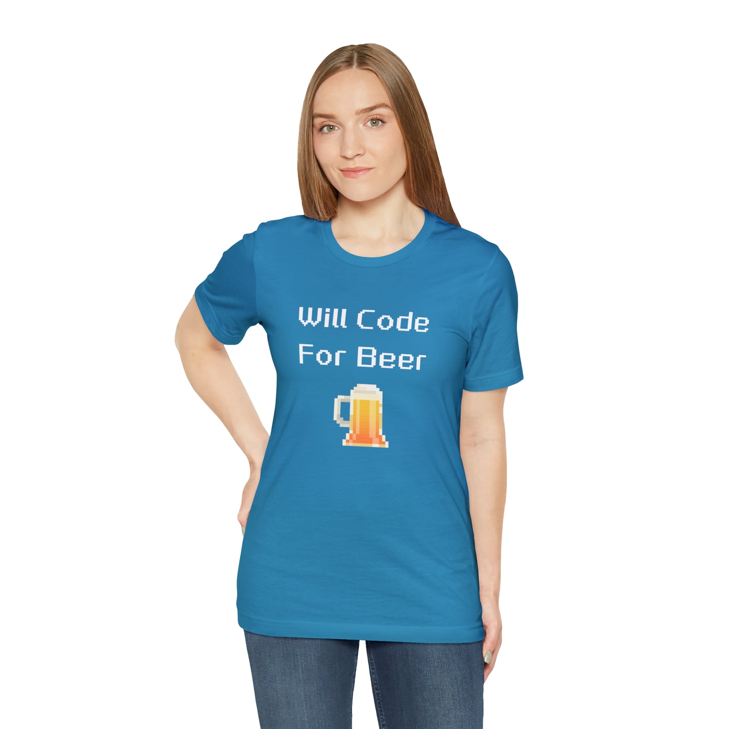 Will Code For Beer - 8-Bit Font With Beer Icon | T-Shirt