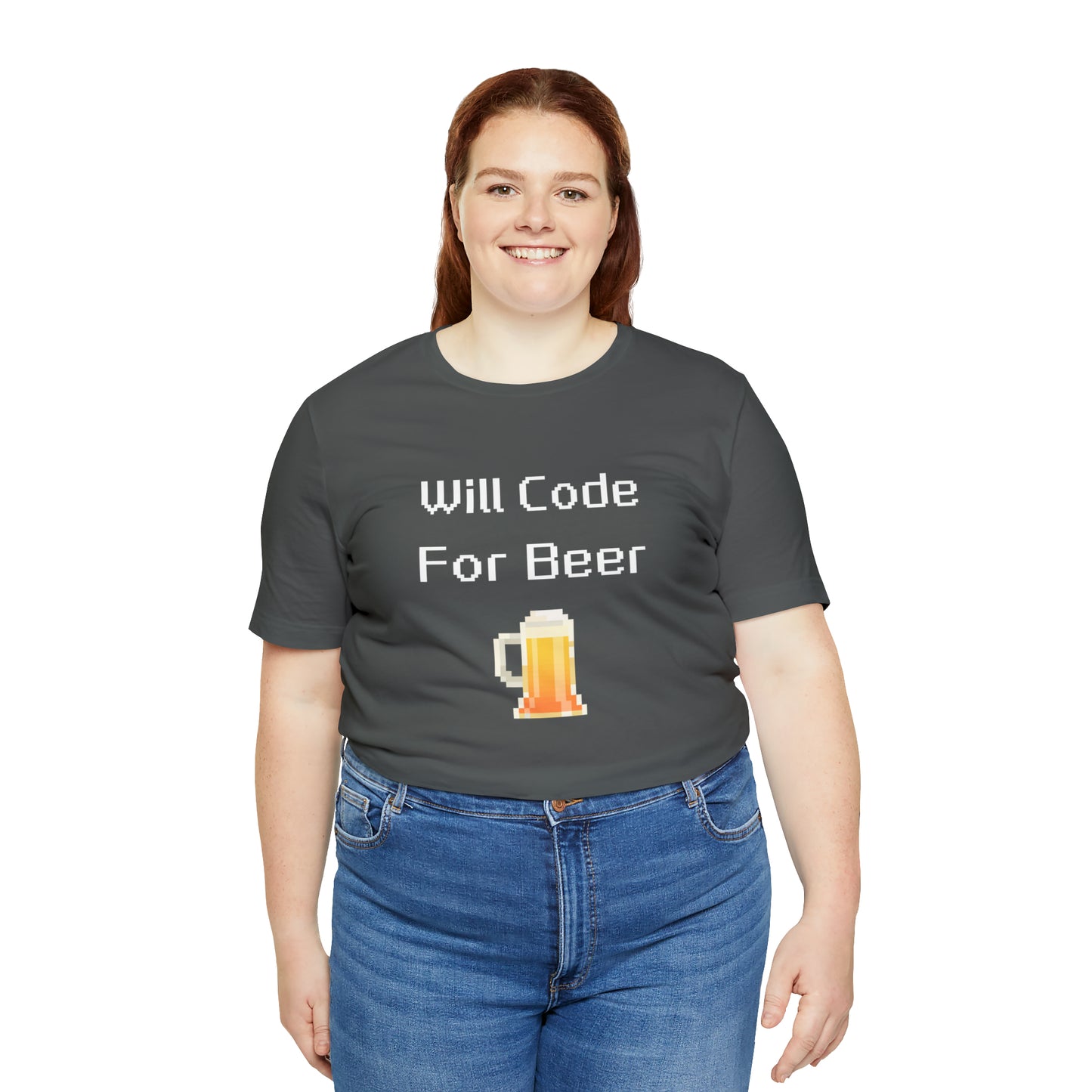 Will Code For Beer - 8-Bit Font With Beer Icon | T-Shirt