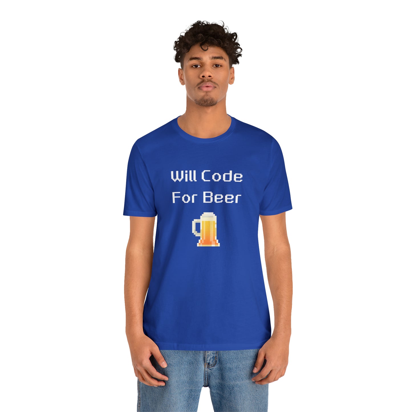 Will Code For Beer - 8-Bit Font With Beer Icon | T-Shirt