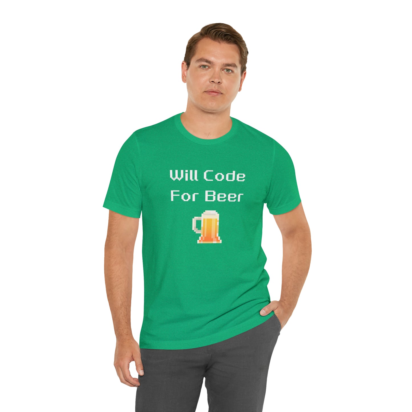 Will Code For Beer - 8-Bit Font With Beer Icon | T-Shirt
