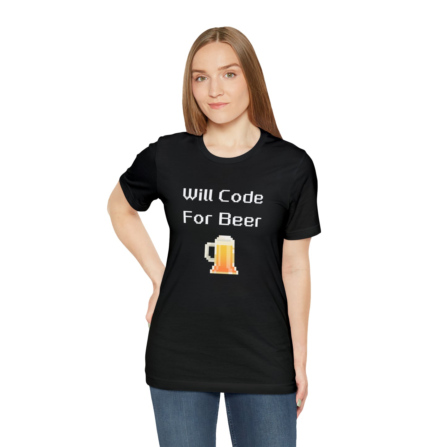 Will Code For Beer - 8-Bit Font With Beer Icon | T-Shirt