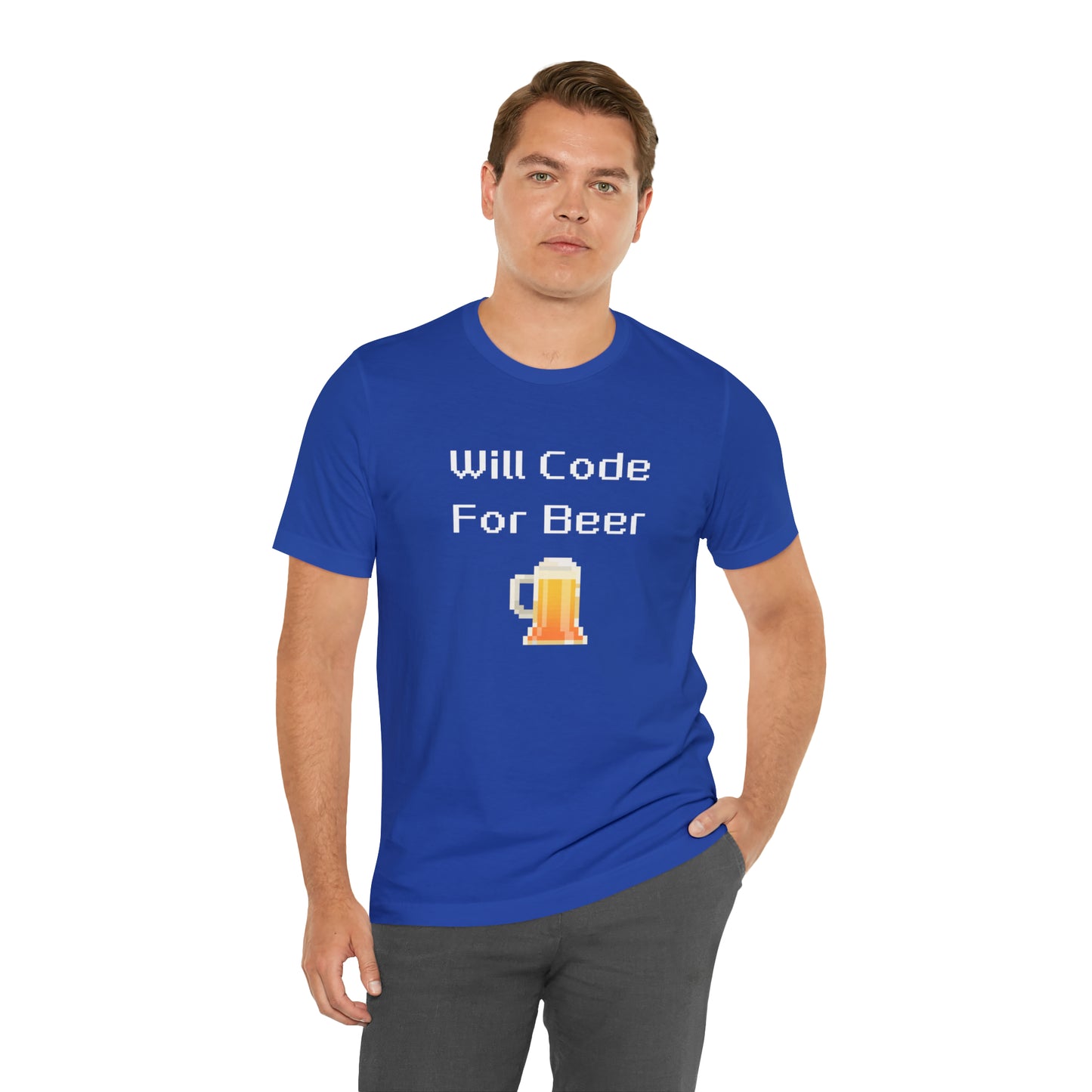 Will Code For Beer - 8-Bit Font With Beer Icon | T-Shirt