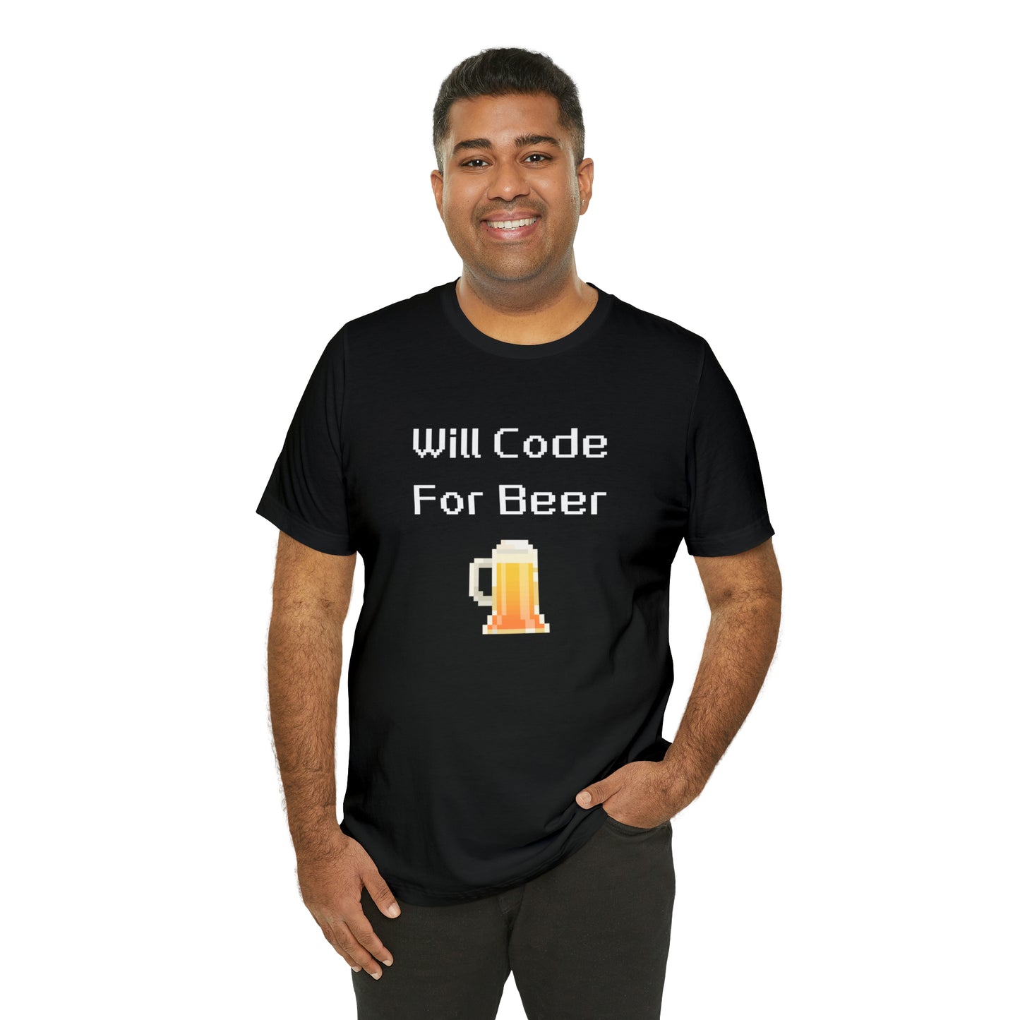Will Code For Beer - 8-Bit Font With Beer Icon | T-Shirt