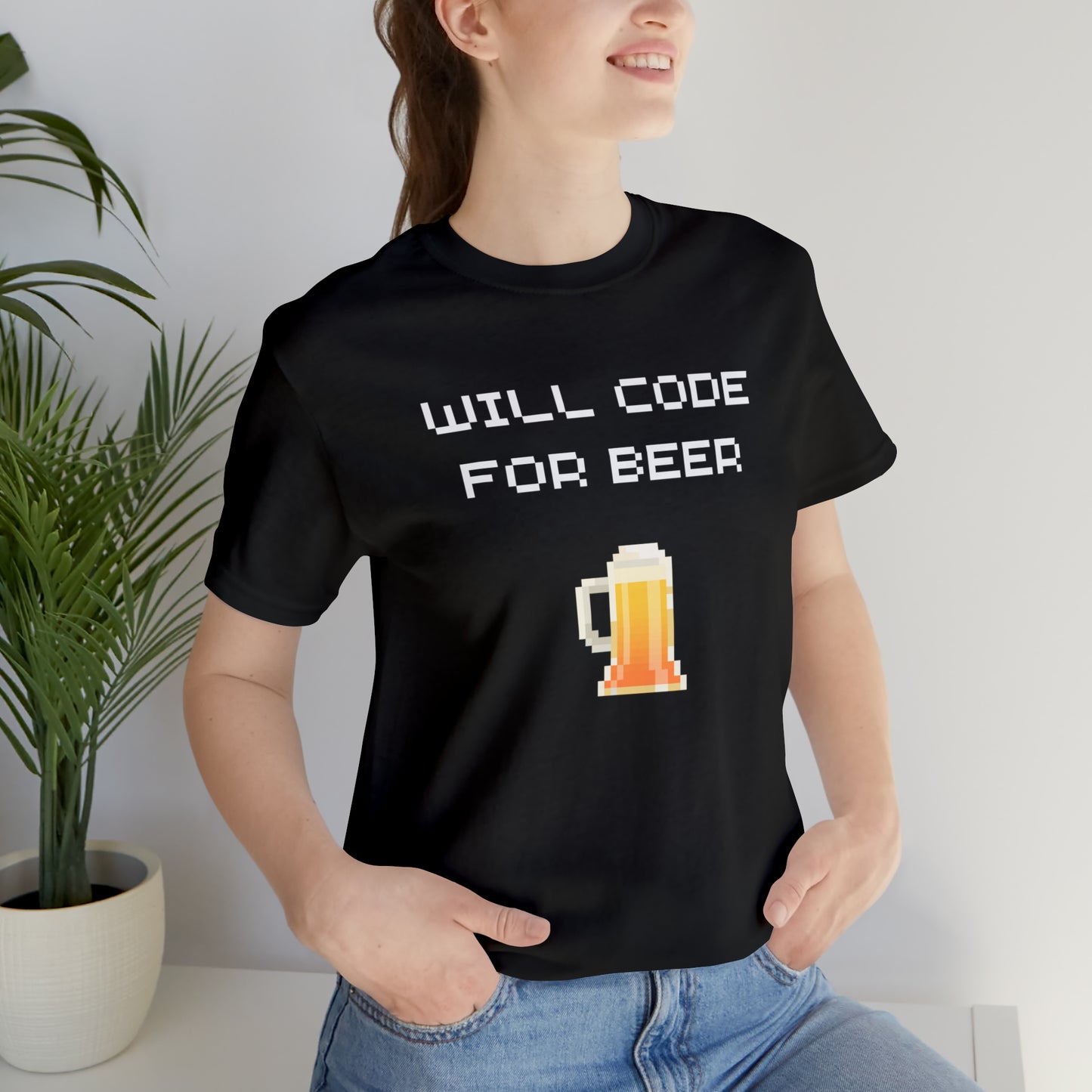 Will Code For Beer T-shirt With 8-bit Beer Graphic - variation 2